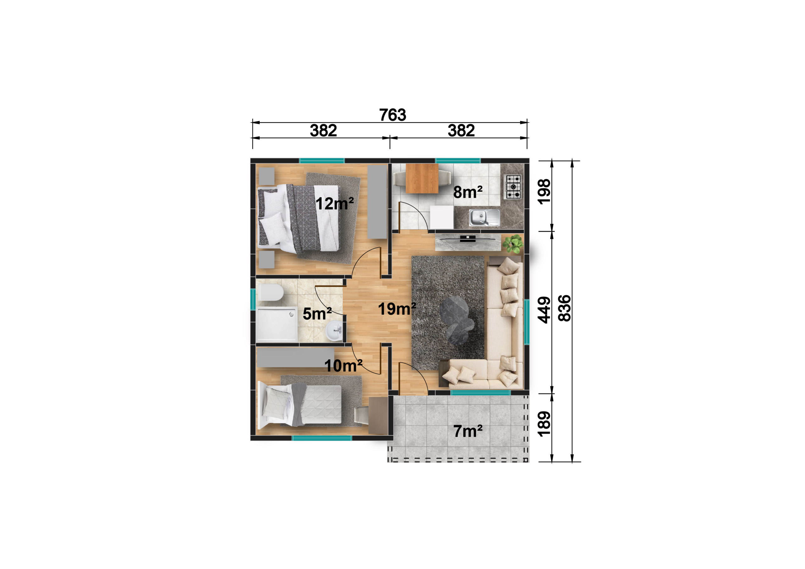 Разпределение на сглобяема къща 61 м² с две спални и веранда