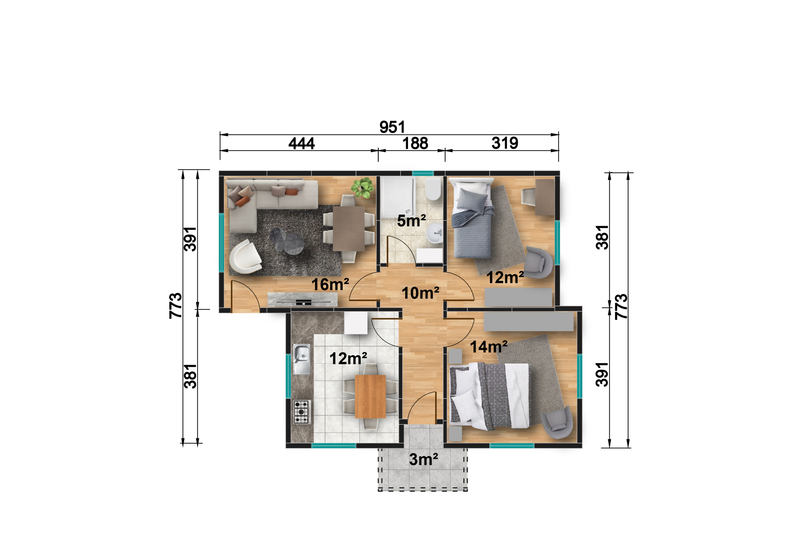 Разпределение на сглобяема къща 72 м² с две спални