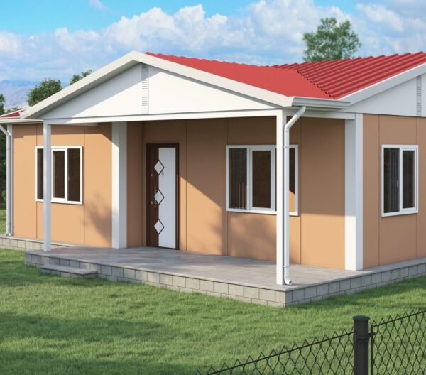 Сглобяема къща 74 м² – лицева фасада в бежов цвят