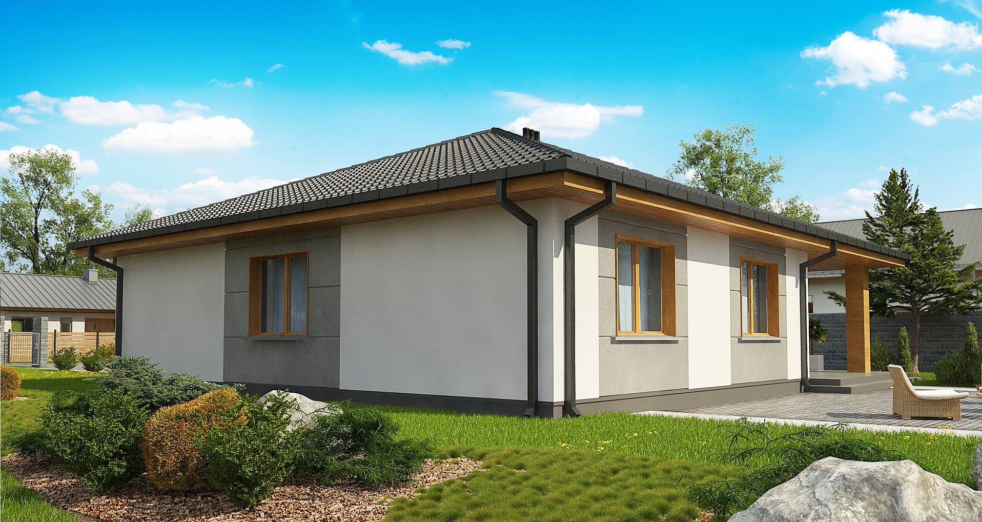 Страничен изглед на сглобяема къща 127 м² с декоративни фасадни акценти