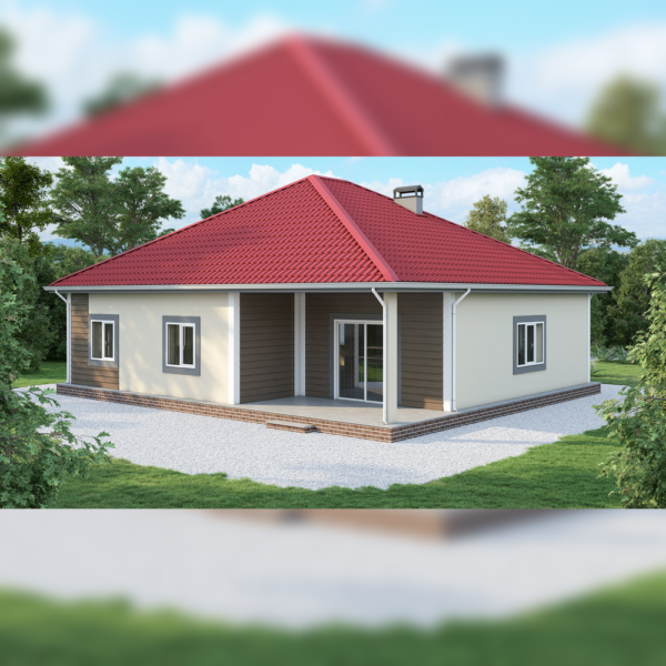 Входна фасада на едноетажна сглобяема къща 131 м² от олекотена стоманена конструкция. Главна снимка.
