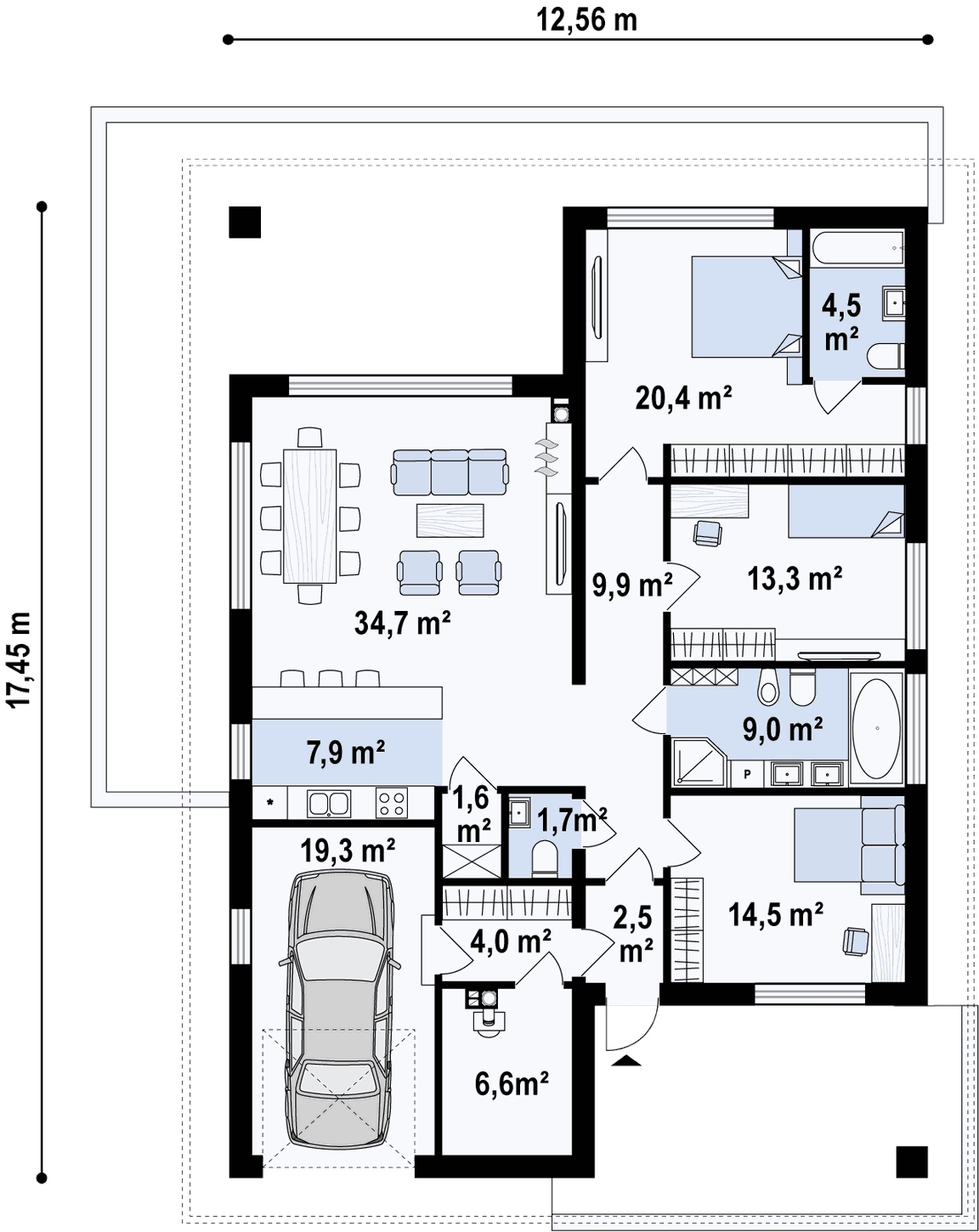 План на сглобяема къща 150 м² с три спални, две бани, отделна тоалетна и гараж