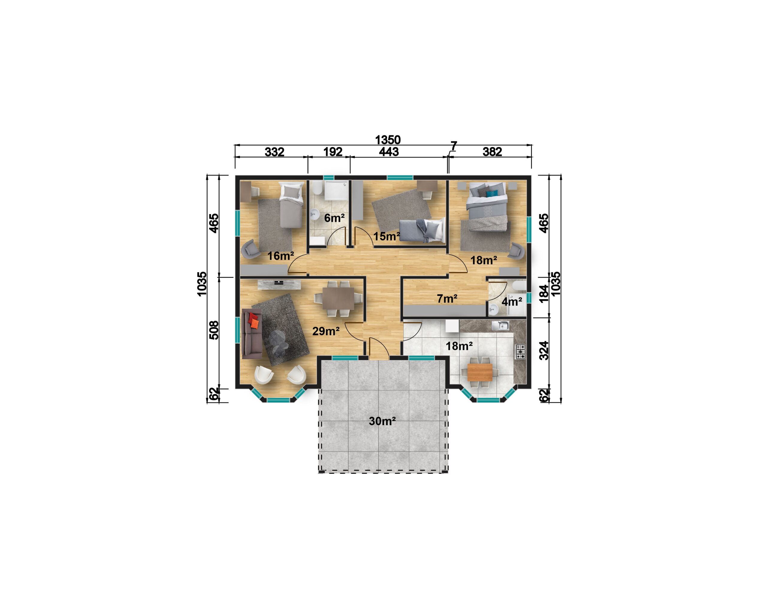 План на сглобяема къща 157 м² с три спални, отделна кухня, дрешник и веранда 30 м²