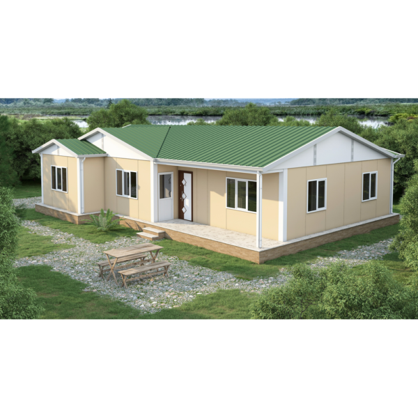 Сглобяема къща 120 м² със светла фасада и зелен покрив
